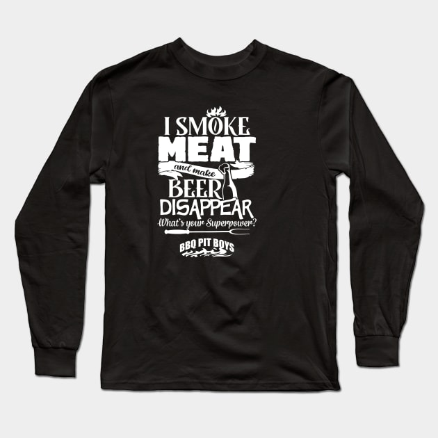 I Smoke Meat And Make Beer Disappear Bbq Pit Boys White Long Sleeve T-Shirt by Hoang Bich